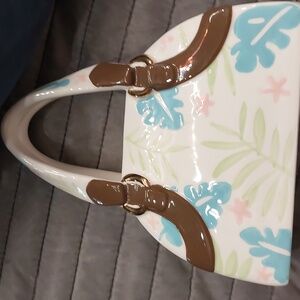 Russ ceramic purse pocket book hand bag white light blue and green brown handles
